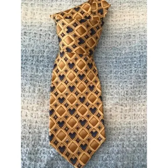 100% Silk Walt Disney World Mickey Mouse Logo Geometric Gold Blue Pointed Tie - Picture 2 of 4
